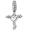 Silver angel wing heart key charm bead with intricate vintage oxidized metal finish - Key Wing Heart
