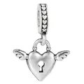 Silver winged heart charm with keyhole detail and engraved loop for DIY bracelets - Keyhole Wing Heart