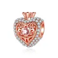 Rose gold heart charm with pink gemstone and crown detail for DIY bracelets - Rose Gold Heart Hollow Bead (#23)