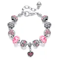 Pink acrylic and silver-plated alloy beaded snake chain bracelet with heart charm - Adjustable Length Small / Pink