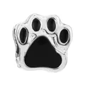 Silver alloy bead with black enamel paw print design for charm bracelets - Black