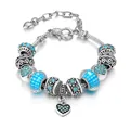 Silver snake chain bracelet with blue rhinestone heart and celestial enamel beads - Adjustable Length Small / Lake Blue