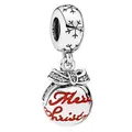 Charm natalizio in argento con fiocco, scritta Merry Christmas rossa e fiocco di neve - Stile Palla di Buon Natale (033)