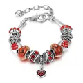 Silver snake chain bracelet with red crystal charms and heart pendant in variant pink - Adjustable Length Small / Red