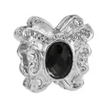 Silver butterfly charm with engraved patterns and a central black faceted gemstone - Butterfly Rhinestone Embossed Style