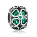 Silver vintage bead charm with green heart-shaped gemstones in a four-leaf clover design - Heart Four-Leaf Clover Green Charm (21)