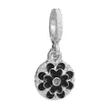 Silver charm with five black heart petals and crystal center for bead bracelets - Black Heart Petal Rhinestone Pendant