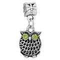 Silver owl charm bead with emerald green rhinestone eyes for DIY jewelry bracelets - Grass Green Gemstone Owl Dangle (43)