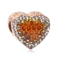Rose gold heart charm with sparkling rhinestones and a warm honey-colored honeycomb pattern - Orange Yellow Honeycomb Pattern Heart Bead (16)