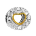 Silver and gold heart charm bead with sparkling crystals and clover cutout details - Hollow Heart Pave Two-tone Style