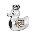 Silver bead charm featuring a crown duck design with yellow crystal pavé wings - Crown Yellow Diamond Duck Style