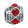 Silver alloy sphere charm bead with intricate red crystal inlay for DIY bracelets - Geometric Carved Spherical Bead