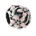 Pink enamel flower charm with vintage silver finish and detailed floral patterns - Vintage Pink Enamel Floral Bead