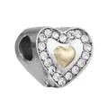 Silver heart charm with gold accent and clear rhinestones for DIY bracelets - Silver Diamond Gold Heart Layered Style
