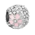Silver bead charm with pink enamel cherry blossom and sparkling pavé zircon stones - Pave Zirconia Pink Cherry Blossom Ball