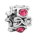 Silver bead charm with rose pink crystals and hollow floral pattern for DIY bracelets - Hollowed Out Pattern Bead
