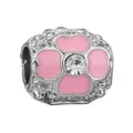 Silver bead charm with pink enamel flower petals and central crystal for DIY bracelets - Single Gem Pink Flower Dangle