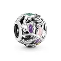 Silver bead charm with hollow leaf pattern, forest birds, and purple enamel details - Forest Birds Hollow Ball (7)