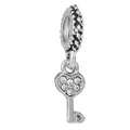 Silver heart and key charm pendant with white rhinestones for DIY bracelets - Heart Key