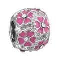 Silver bead charm with pink enamel flowers and white zircon stones for DIY bracelets - Pink Enamel Floral Bead (21)