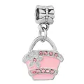 Pink enamel flower basket charm with butterfly bow detail for DIY beaded bracelets - Pink Enamel Flower Basket Dangle