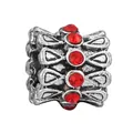 Vintage silver-plated charm with red rhinestone accents and geometric relief details - Geometric Relief Cylinder Bead