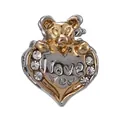 Silver and gold heart charm featuring I Love You text and a small golden bear accent - Heart Diamond Edge Bear Style