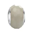 Macro shot of 128-faceted light grey glass bead with S925 silver metal base detail - Light Beige Grey Oval Faceted Style