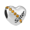 Silver heart charm bead with orange crystals and Sister engraving for DIY bracelets - Sister Lettering Heart Bead