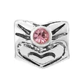 Silver cylinder charm bead with central pink gemstone and heart pattern engravings - Gemstone Disc (25)