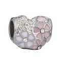 Pink enamel heart charm with floral patterns and crystals for DIY charm bracelets - Enamel Floral Heart Charm with Gem