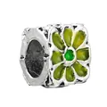 Vintage silver flower charm bead with green petals and center stone for DIY jewelry - Green Gem Flower Cylinder Bead (028)