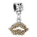 Silver bead charm featuring a vintage texture and a sparkling orange rhinestone lip pendant - Orange Diamond Lip Pendant Style