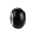 Polished black resin charm bead with silver metal end caps for DIY bracelet jewelry - Black Smooth Glossy Style