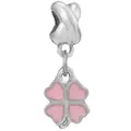 Pink heart-shaped four-leaf clover charm in silver finish with pink enamel detail - Pink Enamel Four-Leaf Clover Dangle