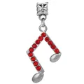Silver musical note charm with red rhinestones for DIY beaded jewelry bracelets - Double Note Pendant