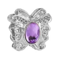 Silver butterfly charm with engraved wings and central oval purple gemstone for DIY bracelet - Purple Butterfly Bead (38)