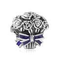 Silver flower bouquet charm with purple enamel bow for DIY bracelet jewelry - Rose Bouquet and Bow (30)