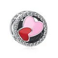 Silver bead charm with pink and red enamel double heart and sparkling zircon halo - Rhinestone Two-tone Enamel Heart (37)