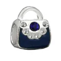 Silver handbag charm with deep blue crystal and enamel for DIY bracelet jewelry - Dark Blue Enamel Handbag Pendant (030)