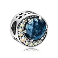 Silver charm bead with deep blue faceted stone and hollow star patterns on sides - Dark Blue Gemstone Starry (39)
