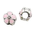Silver bracelet charms with pink enamel cherry blossoms and hexagonal beads - Pink
