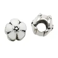 Silver bead charm with white enamel flower design for DIY jewelry and bracelets - White