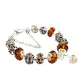 Silver charm bracelet featuring amber crystal glass beads and crown pendants with safety chain - Amber Crown Style (DZ35)