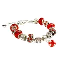 Silver snake chain charm bracelet featuring faceted red glass beads and crystal pendant - Red Heart Style (DZ12)