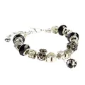 Beaded bracelet with faceted black glass beads and silver crown and heart charms - Black Heart Style (DZ14)