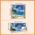 3D beach window view wall decal featuring palm trees and sea, 55x55cm finished size - Rectangle Style