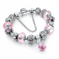 Pink faceted crystal beaded charm bracelet with S925 silver safety chain and floral charms - 18cm / Pink
