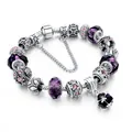 Silver snake chain bracelet with purple crystal charms and pink rhinestone beads - 18cm / Purple