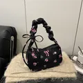 Sac à bandoulière noir avec roses roses et poignée à cordon froncée pour femmes - Noir